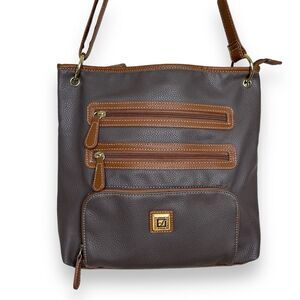 Stone Mountain Pebble Leather Triple Zip Crossbody Taupe Tan Shoulder Tote Bag